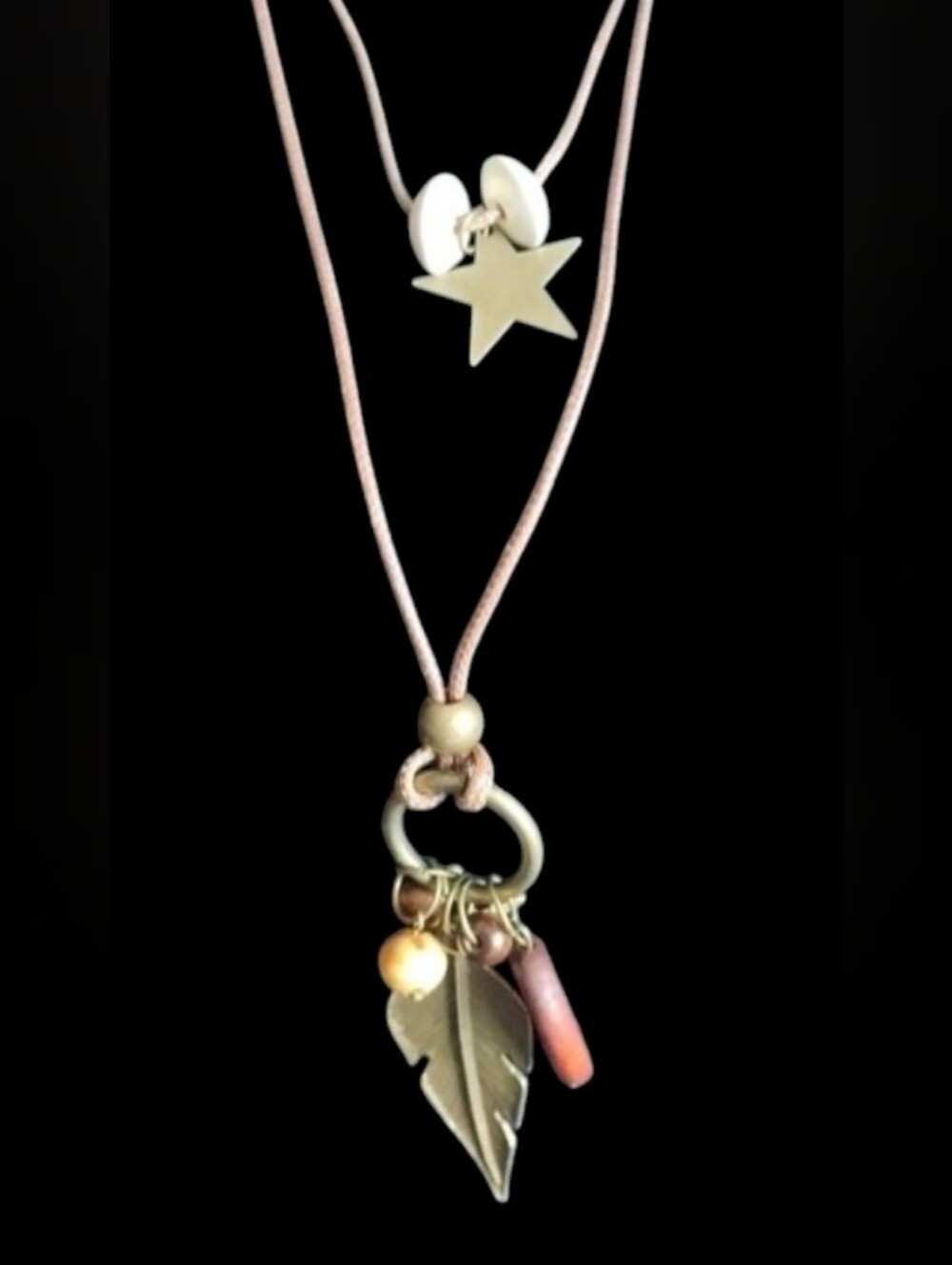 Chinese Zen Style Bohemian Layered Brown Leather Star & Leaf Pendant Necklace